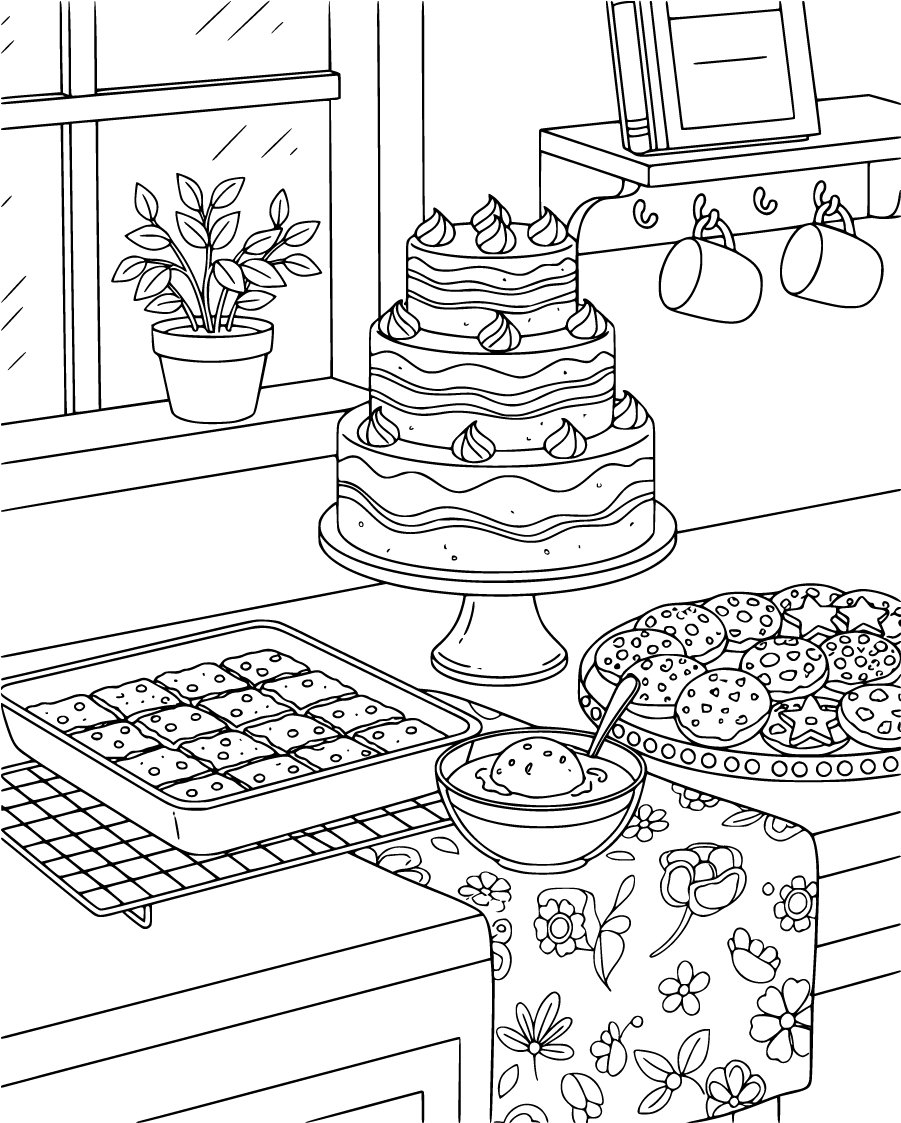 homemade desserts on kitchen counter with brownies and cake