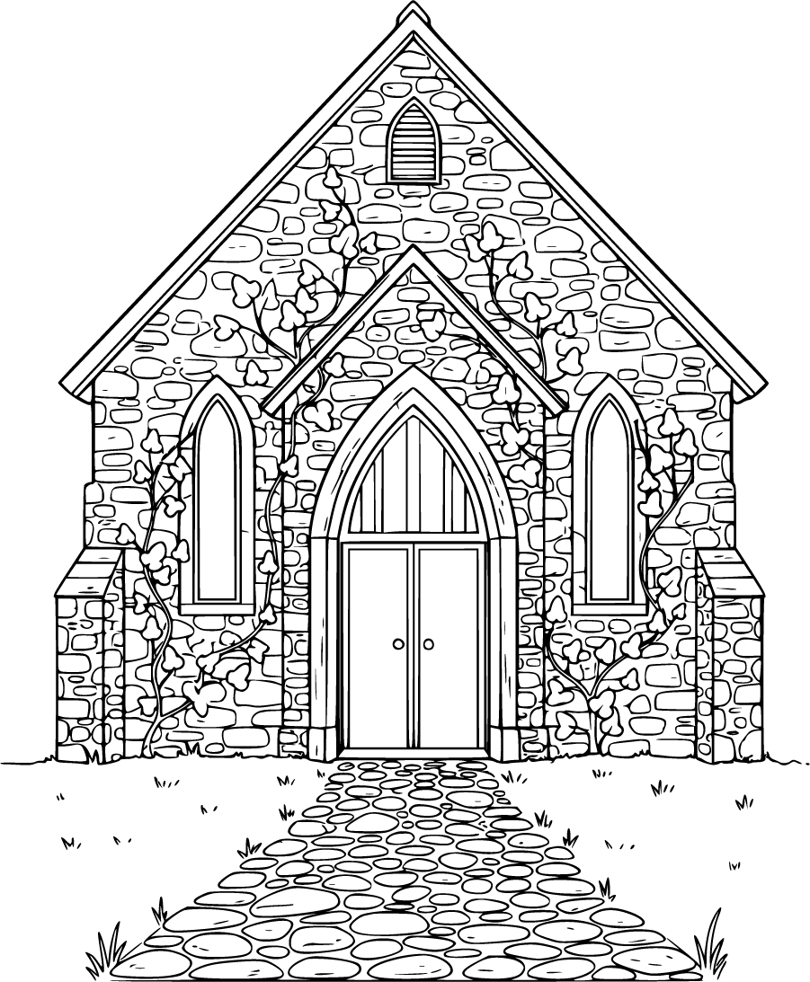 rustic stone church with cobblestone path