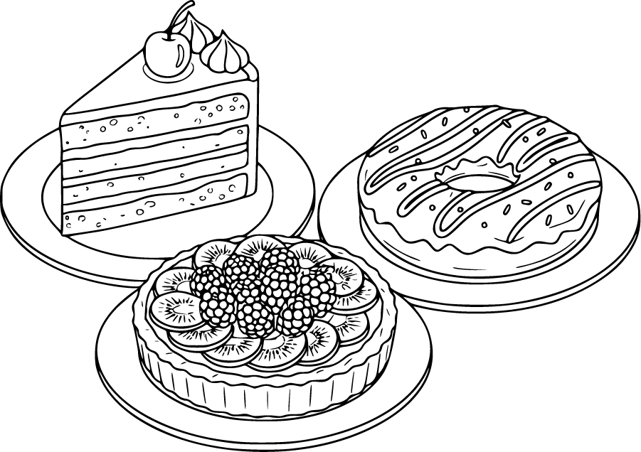 slice of cake fruit tart and donut desserts