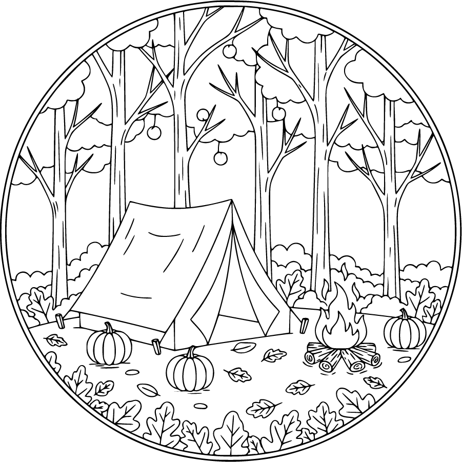 Autumn Camping With Tent Campfire And Pumpkins