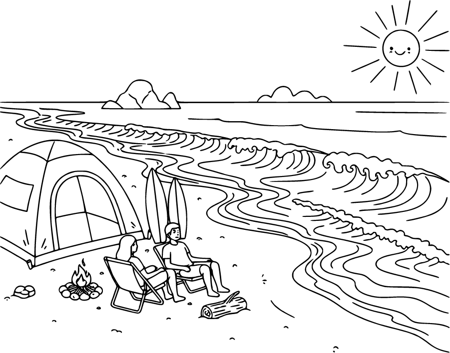 Beach Camping With Tent Surfboards And Ocean Waves
