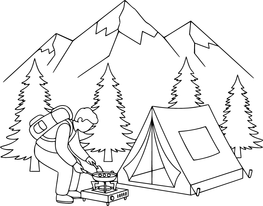 Camper Cooking Breakfast At Mountain Campsite
