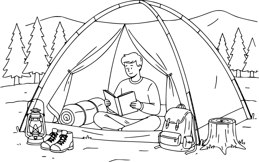 Camper Reading Inside Tent With Lantern And Backpack