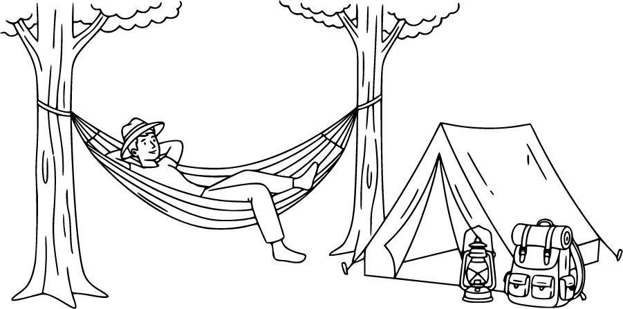 Camper Relaxing In Hammock Beside Camping Tent