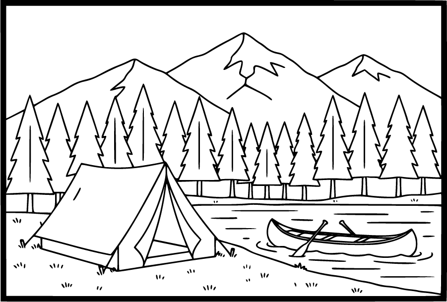 Camping Tent Beside Mountain Lake And Canoe
