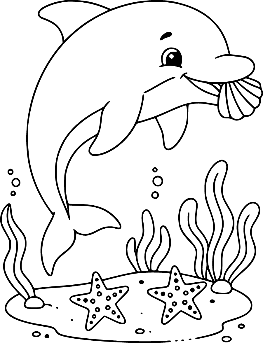 Cartoon Dolphin Carrying Seashell Underwater