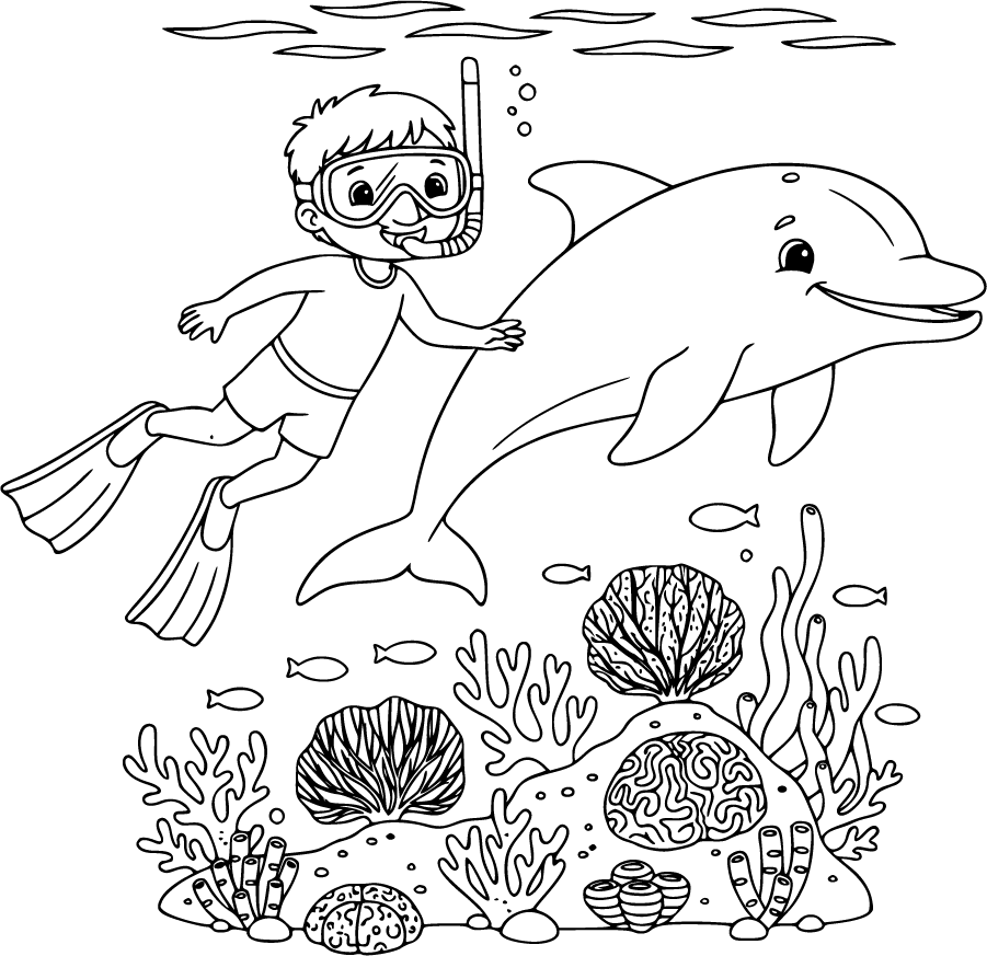 Child Snorkeling Beside Friendly Dolphin And Coral Reef