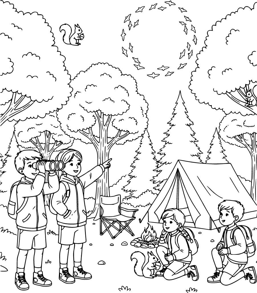 Children Exploring Forest Campsite With Binoculars