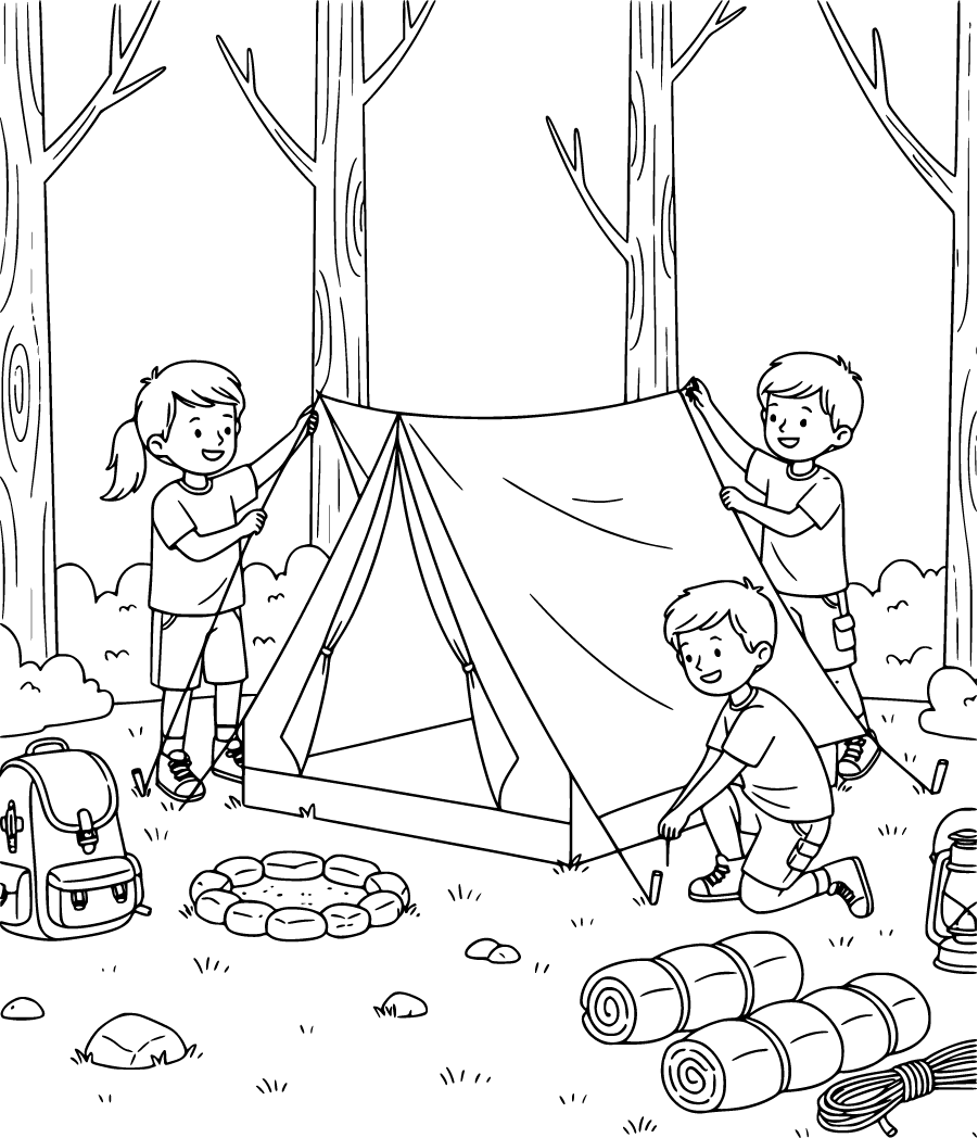 Children Setting Up Tent At Forest Campsite