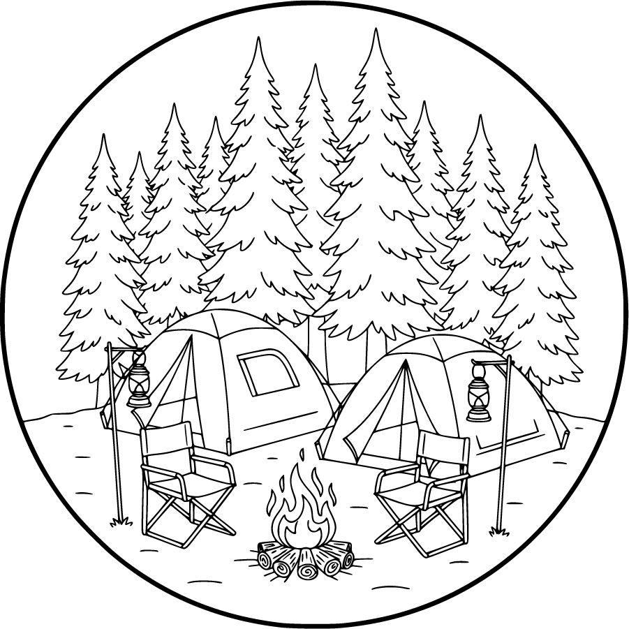 Cozy Camping Site With Tents Lanterns And Campfire