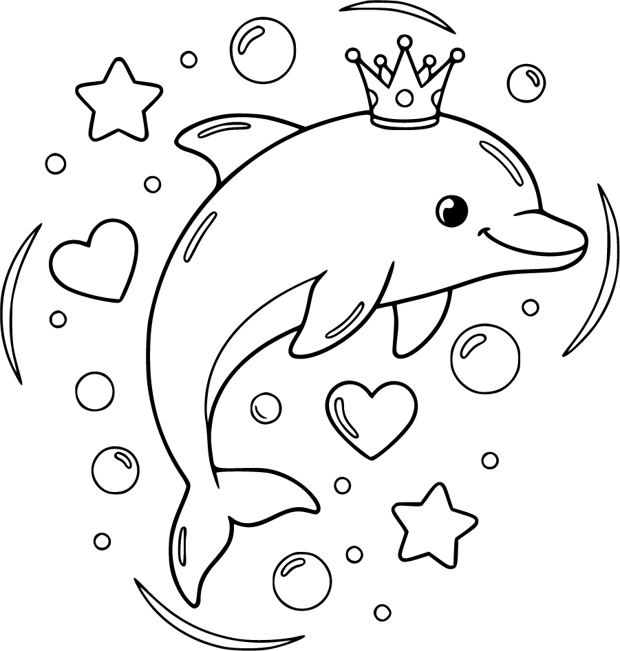 Cute Dolphin Wearing Crown With Hearts And Bubbles