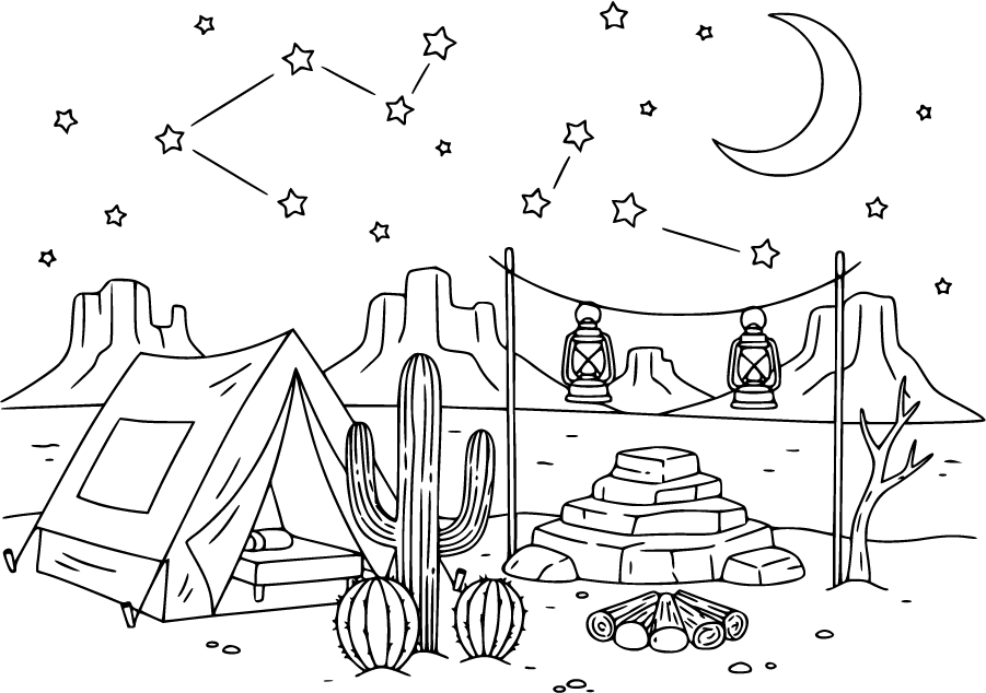 Desert Camping With Tent Cacti And Starry Sky