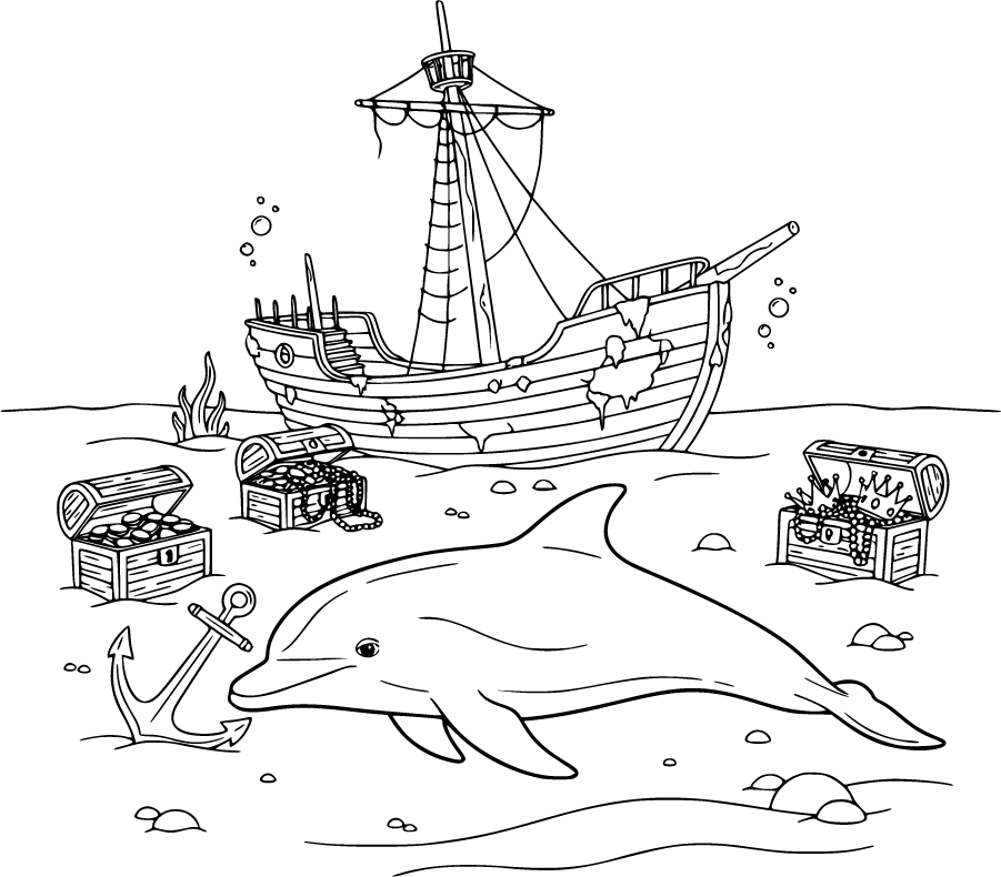 Dolphin Exploring Underwater Shipwreck And Treasure Chest