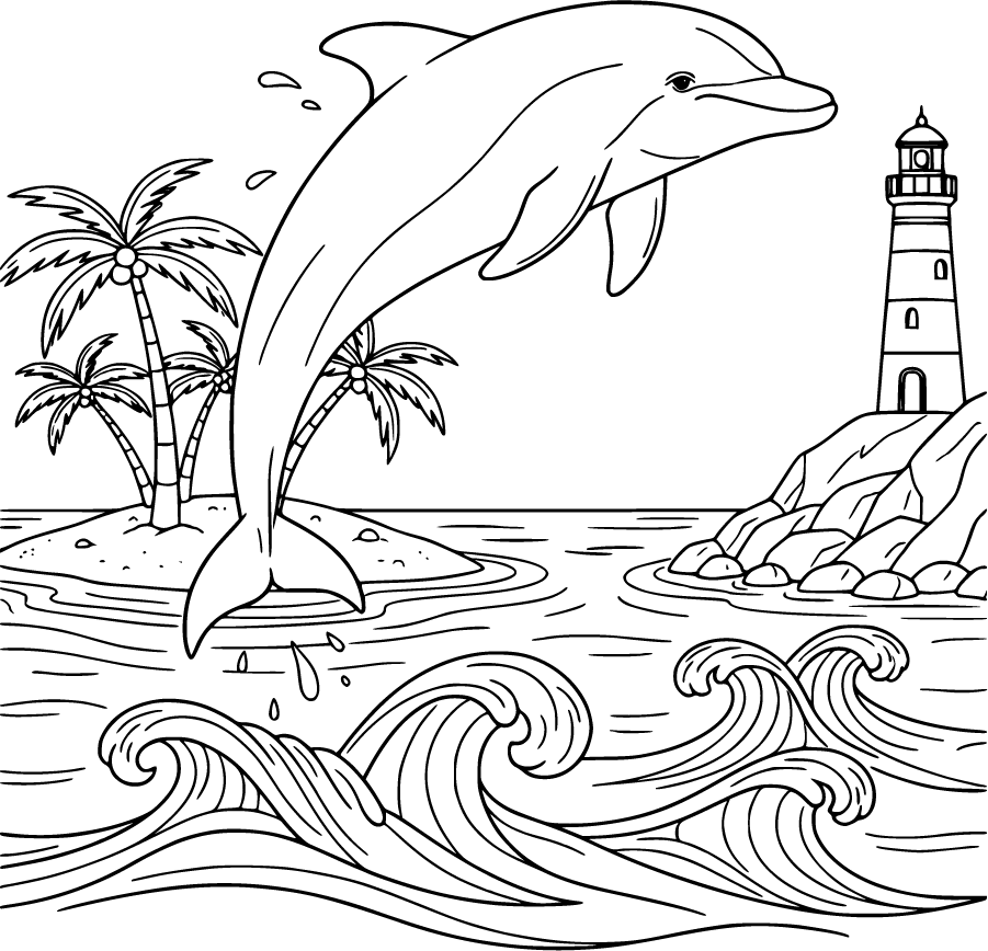 Dolphin Jumping Near Tropical Island And Lighthouse
