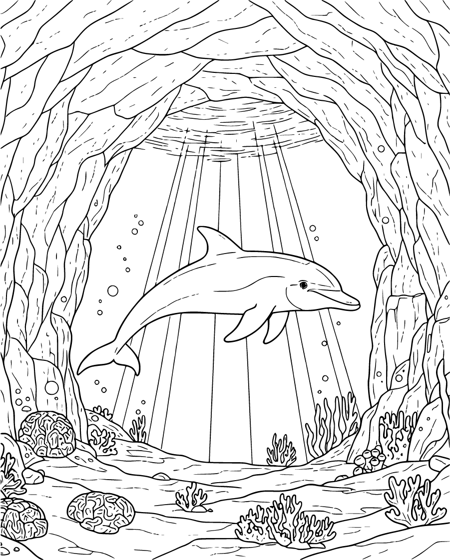Dolphin Swimming Through Underwater Cave And Rocky Arches