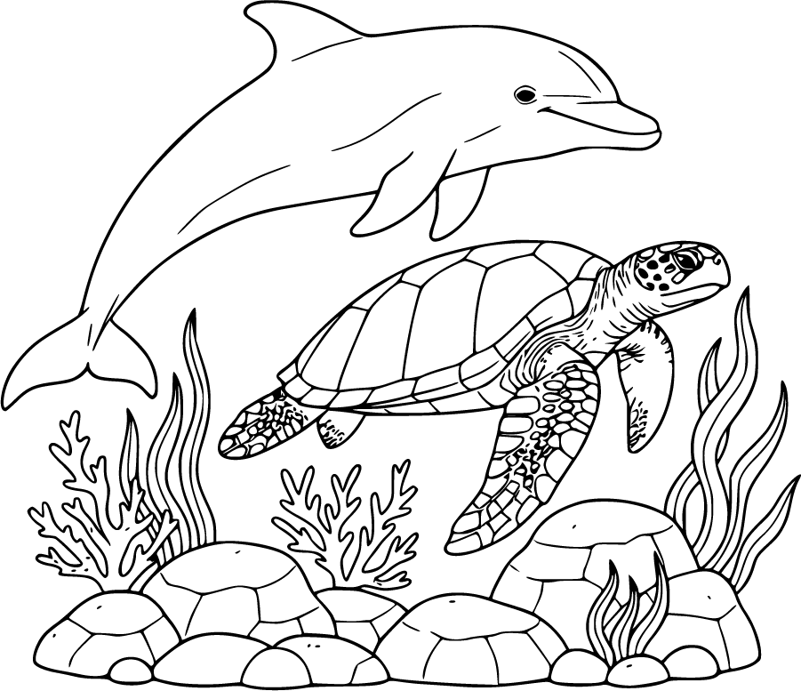 Dolphin Swimming With Sea Turtle Near Coral Reef