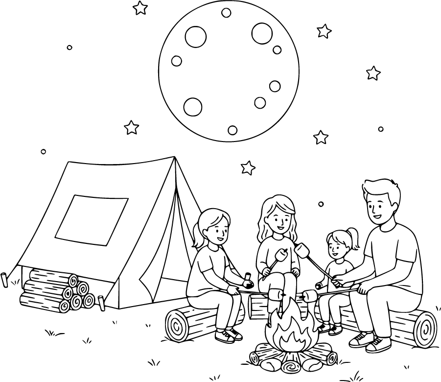 Family Camping Around Campfire Under Starry Sky
