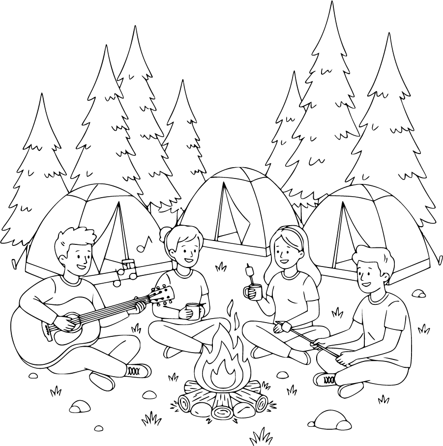 Friends Camping With Guitar Around Campfire
