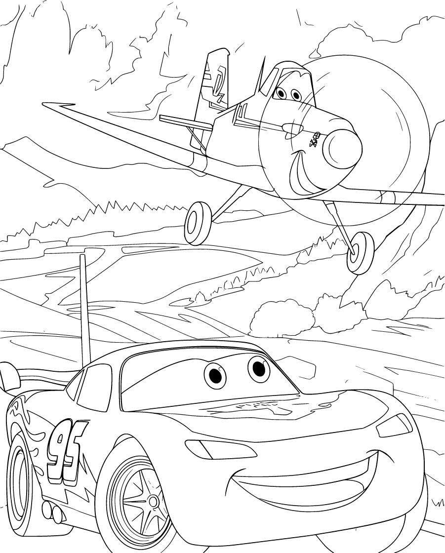 Lightning McQueen facing airplane overhead in mountains Coloring Page