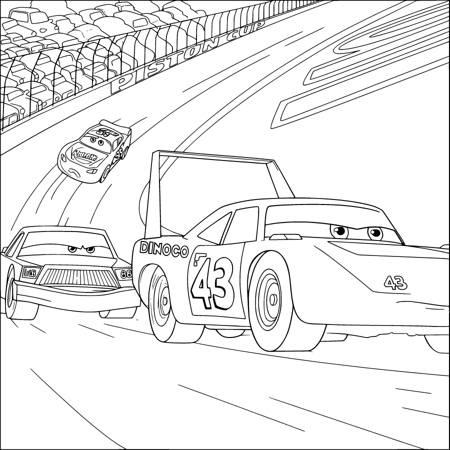 Lightning McQueen racing beside Dinoco 43 car Coloring Page