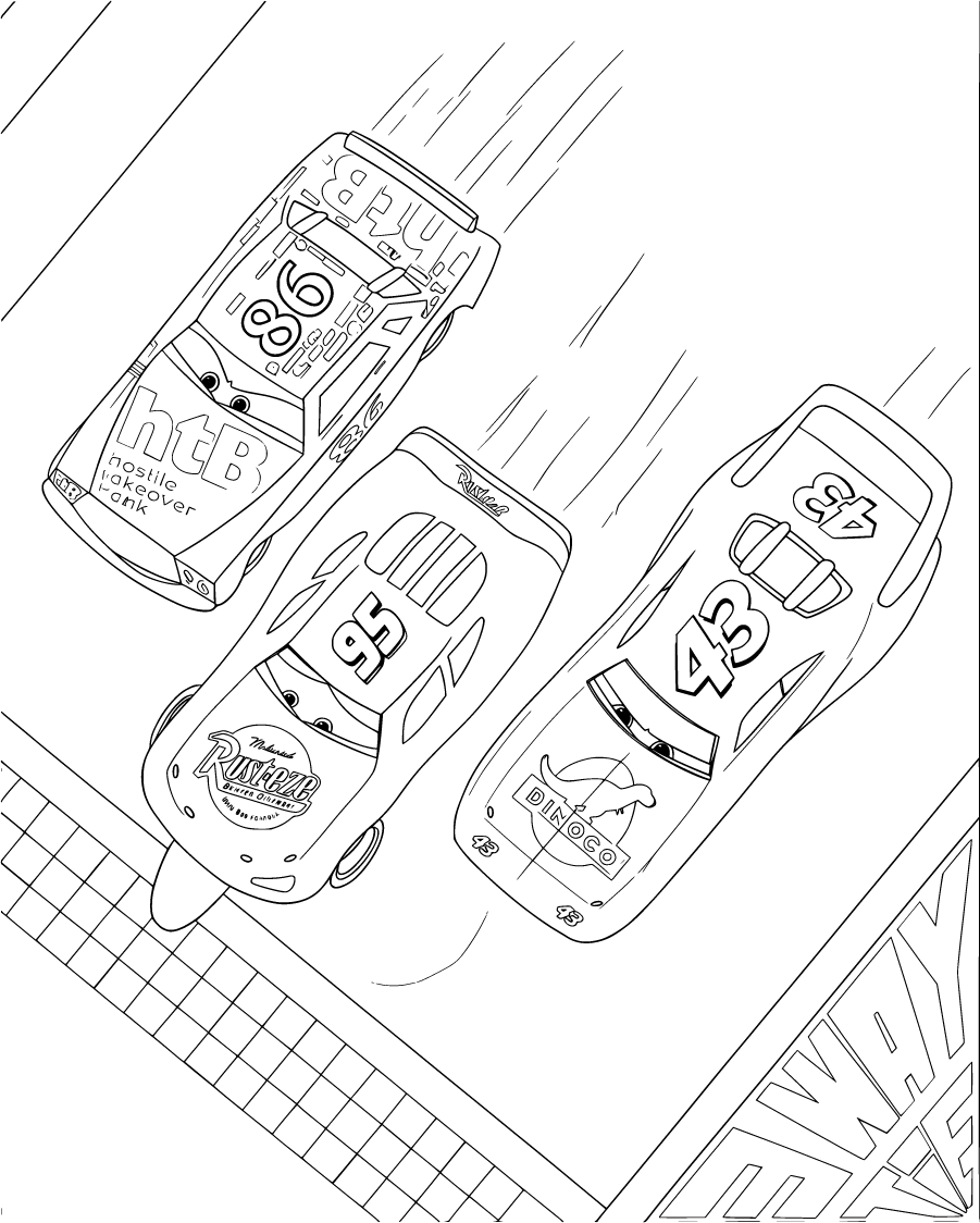 Lightning McQueen racing beside two cars