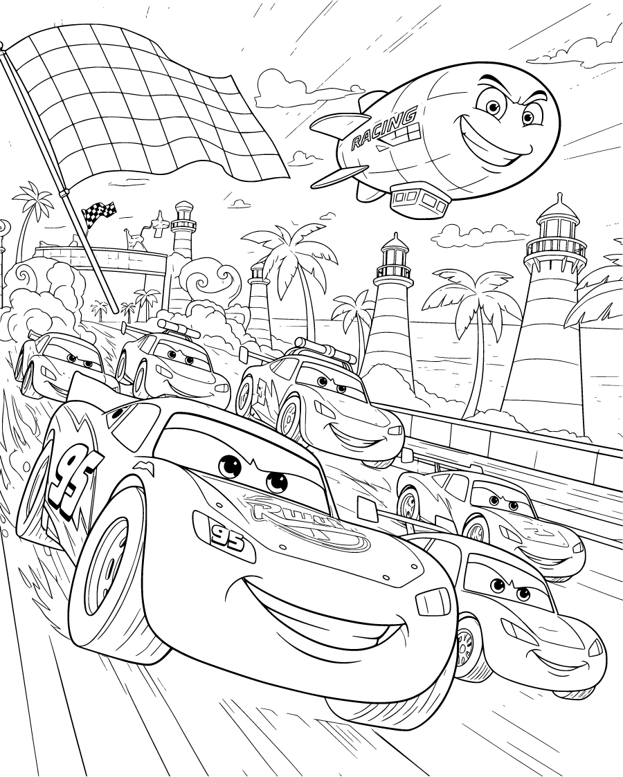 Lightning McQueen racing past lighthouses