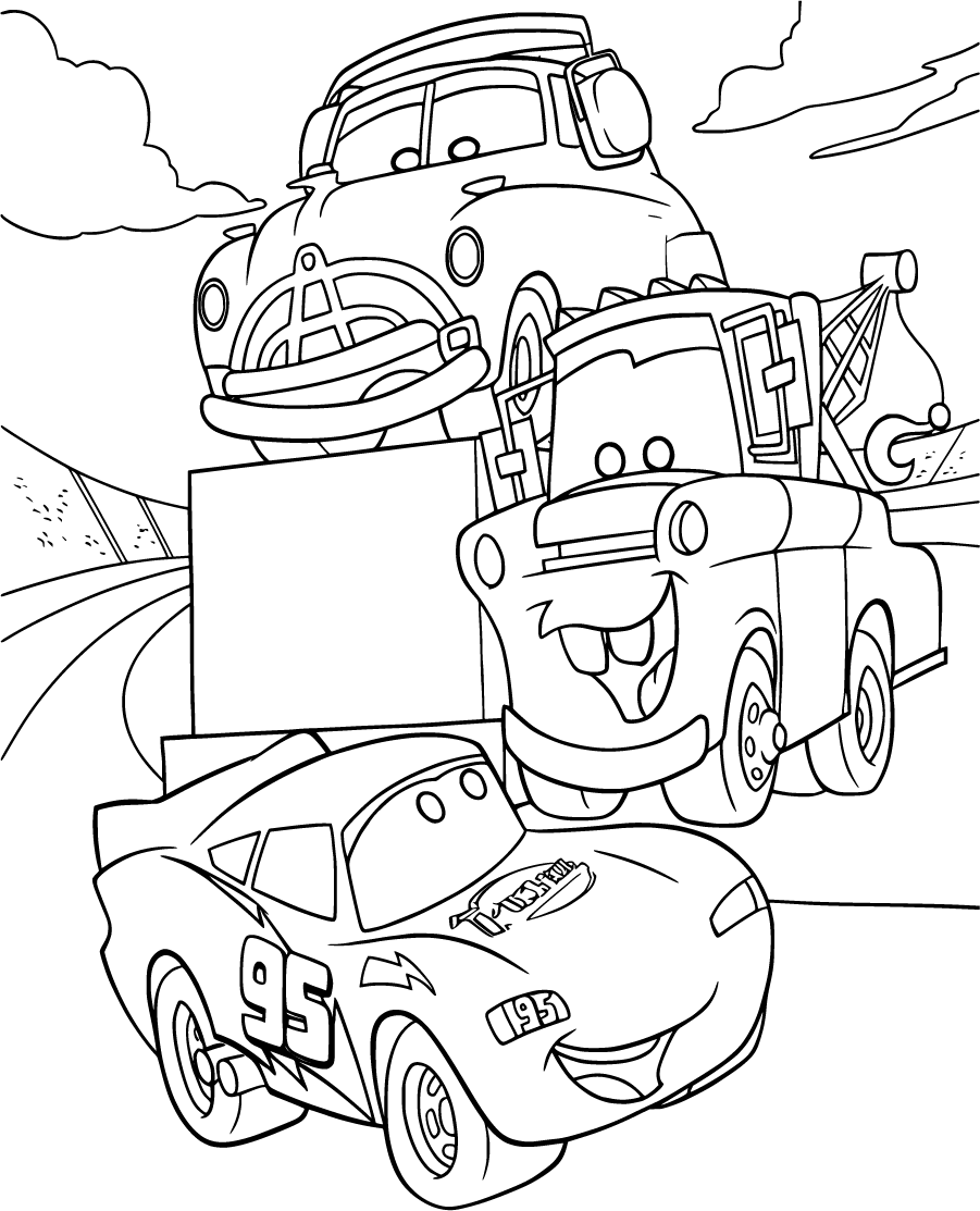 Lightning McQueen racing past tow truck and hauler Coloring Page