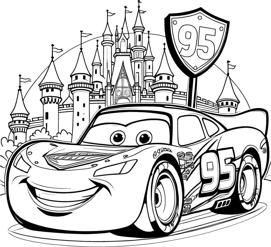 Lightning McQueen smiling before castle with 95 sign Coloring Page