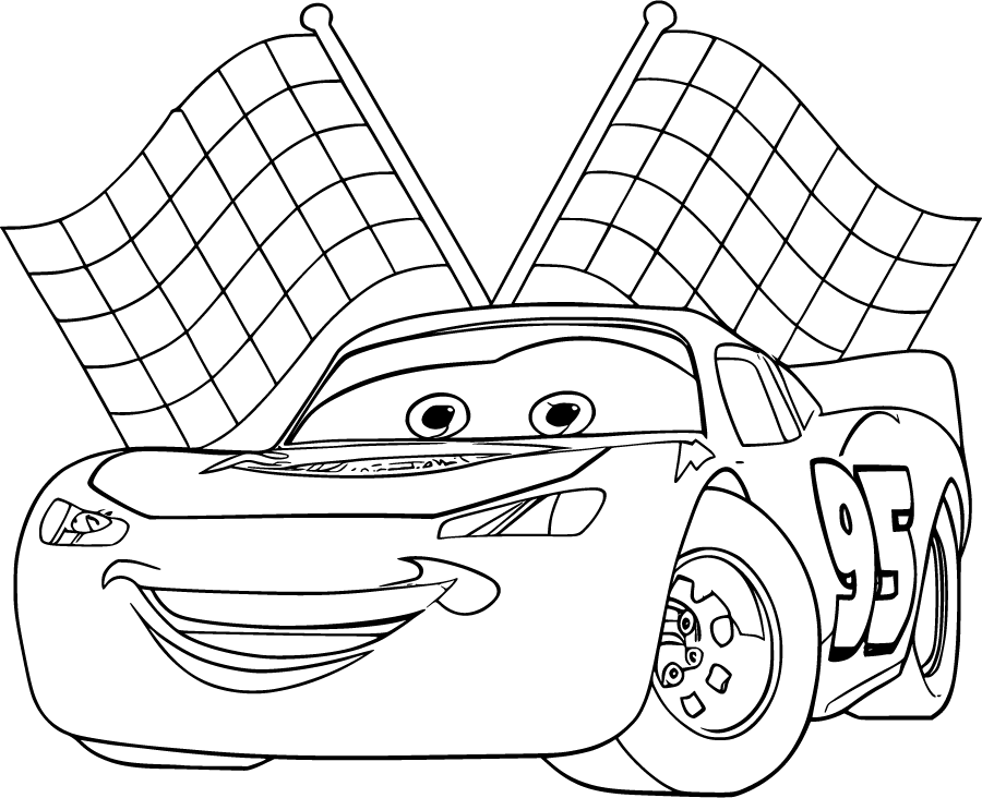 Lightning McQueen smiling with checkered flags