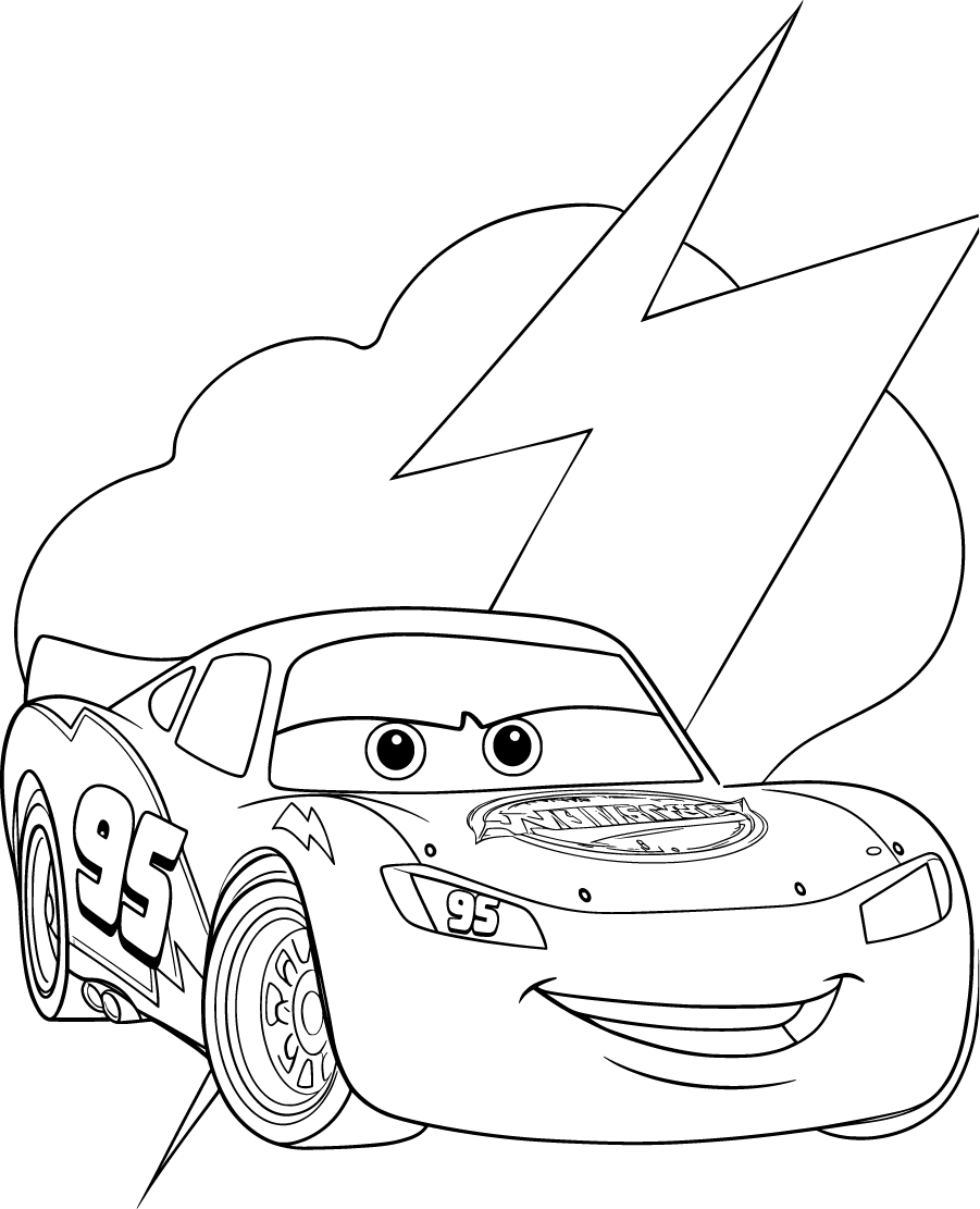 Lightning McQueen smiling with lightning bolt backdrop