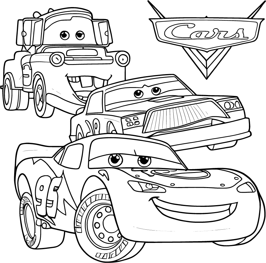 Lightning McQueen smiling with three cars behind him