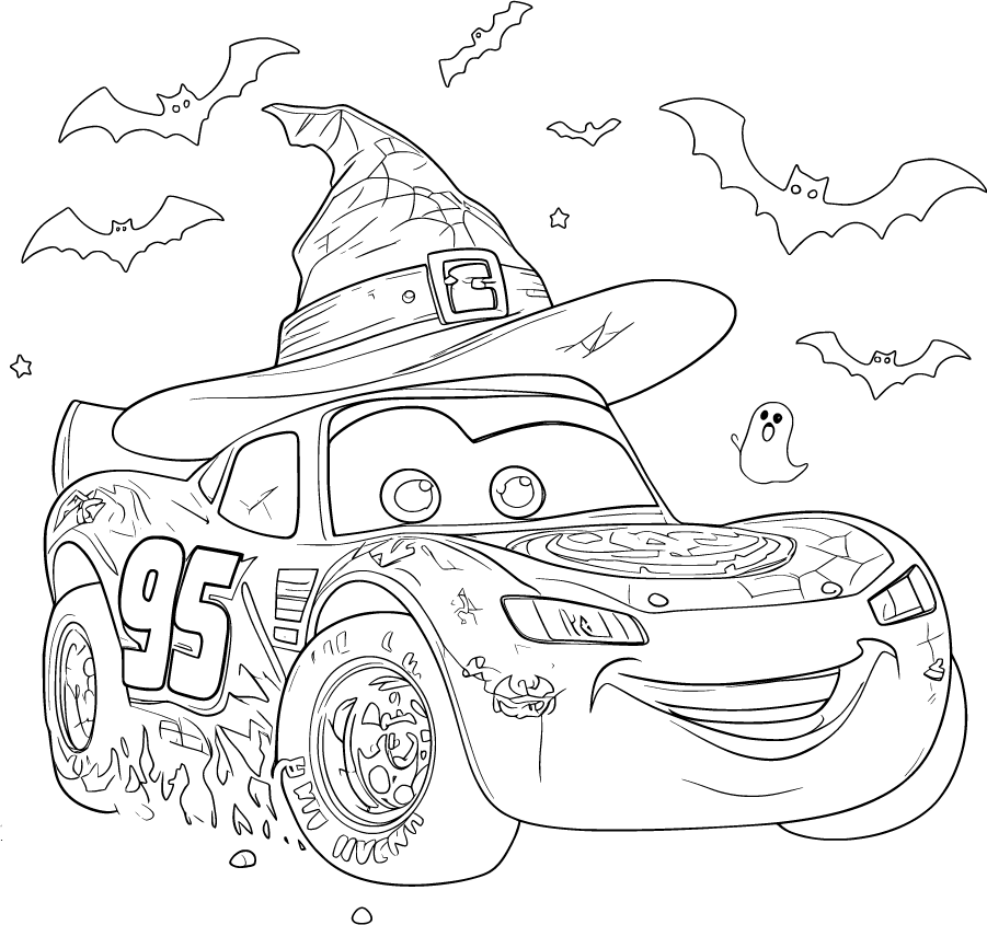 Lightning McQueen wearing a witch hat