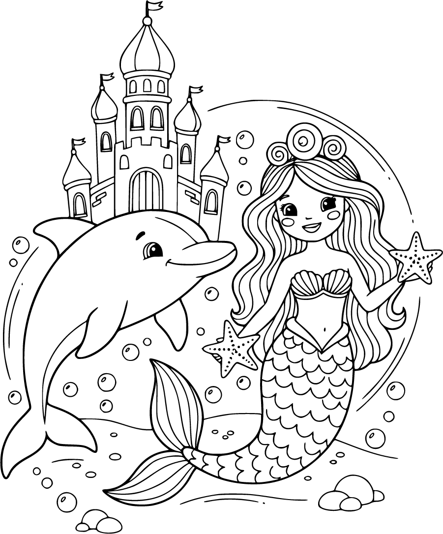 Mermaid Swimming With Dolphin Near Underwater Castle