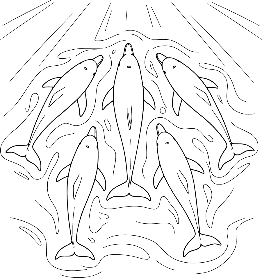 Pod Of Five Dolphins Swimming In Formation