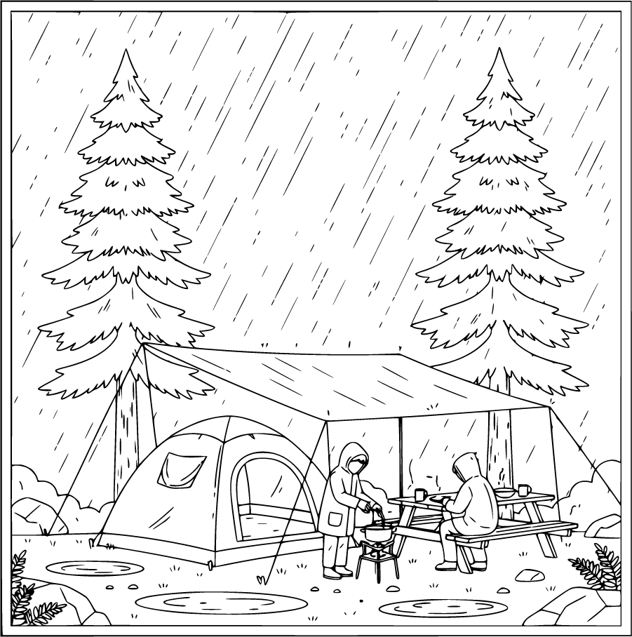 Rainy Camping With Tent Tarp And Raincoats
