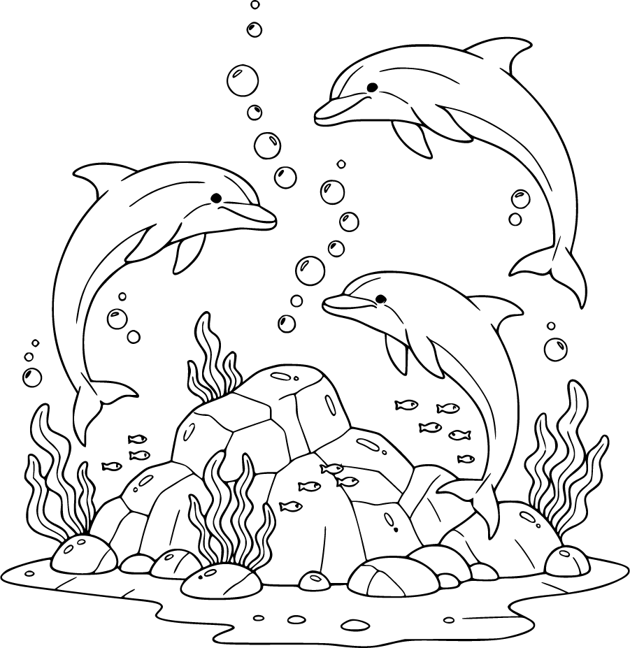 Three Dolphins Playing Around Underwater Rocks
