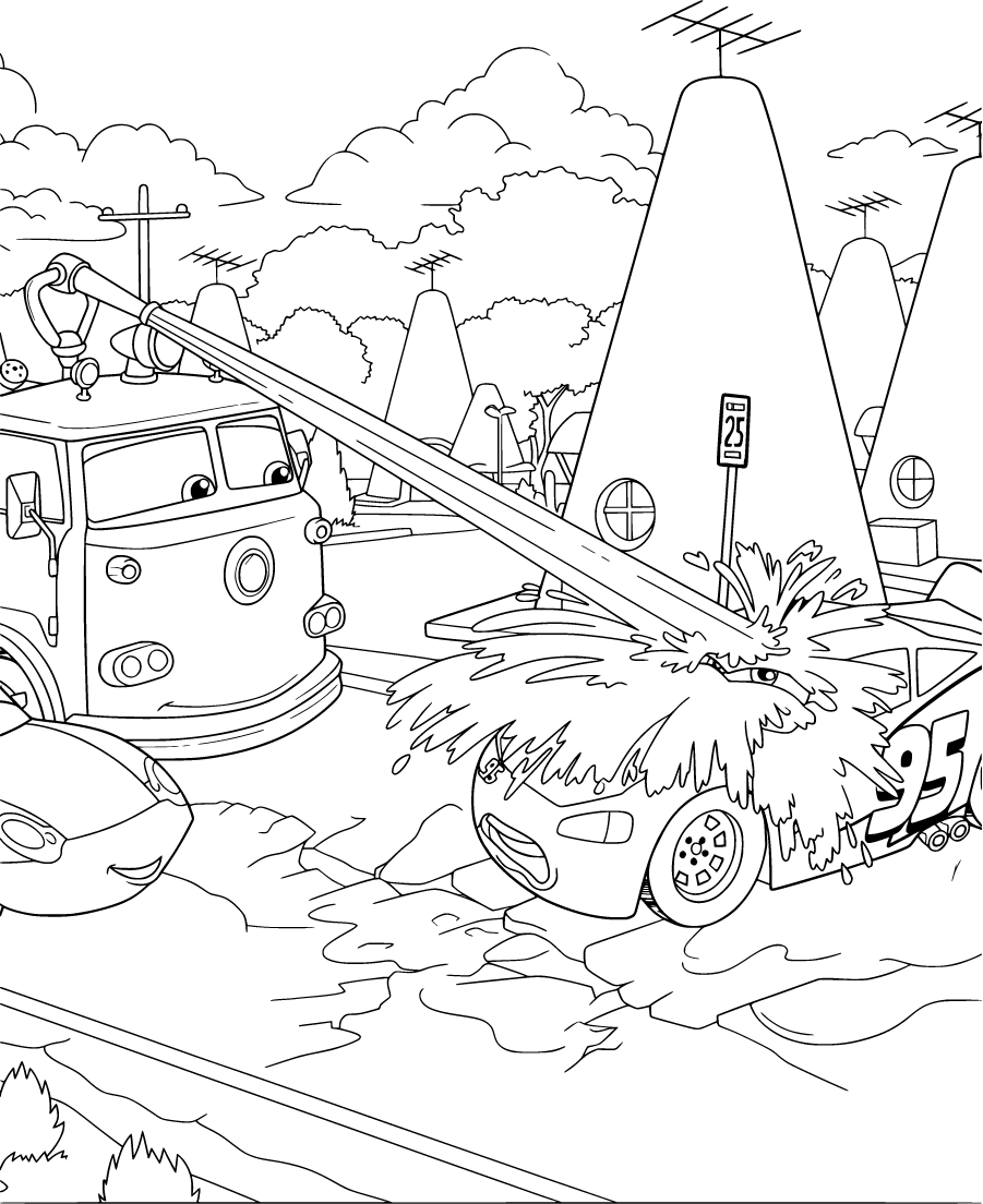 Tow truck spraying water on Lightning McQueen