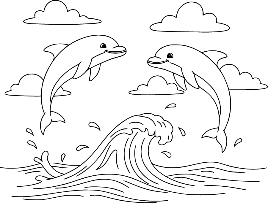 Two Dolphins Jumping Together Above Ocean Waves