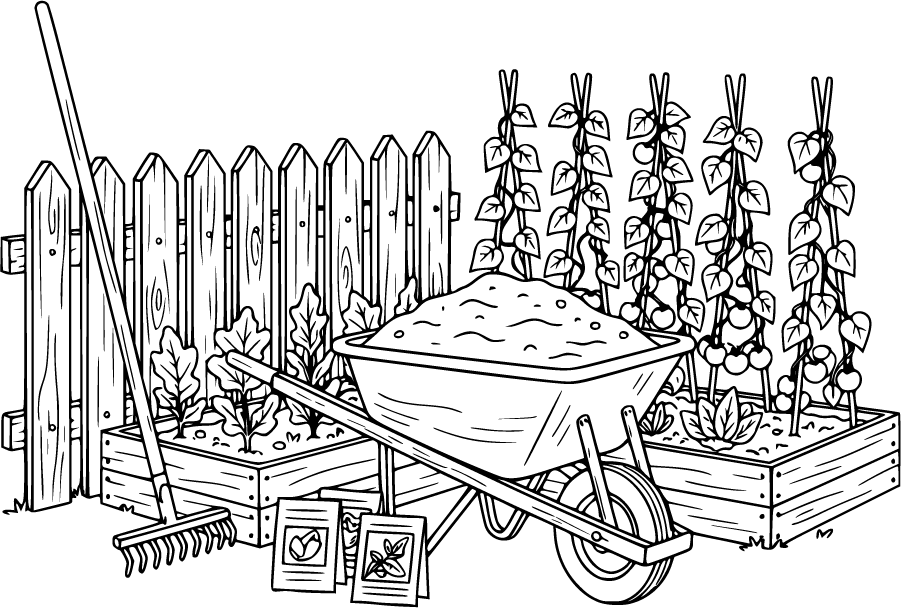 backyard gardening tools and raised beds