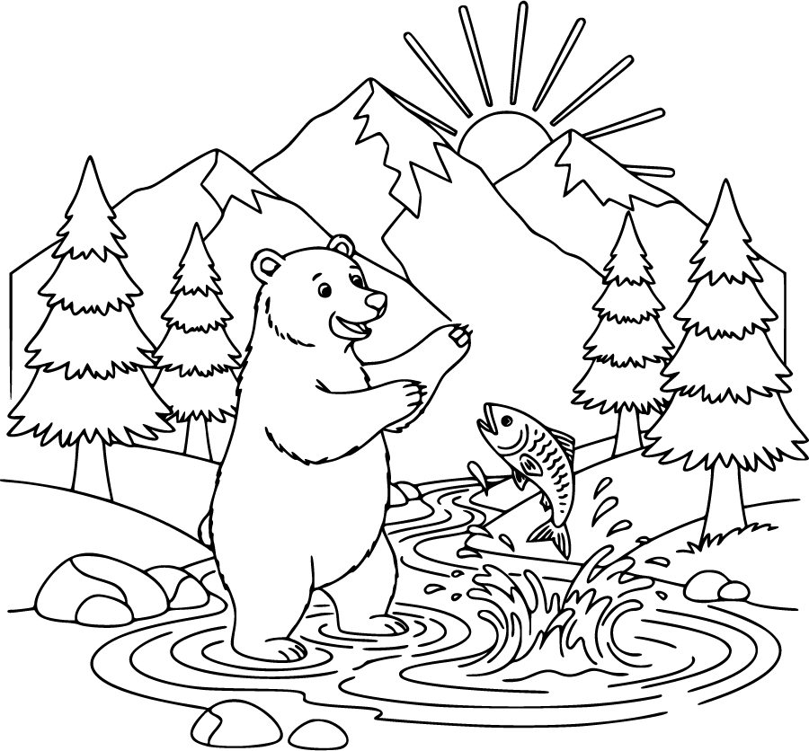 bear catching fish in stream