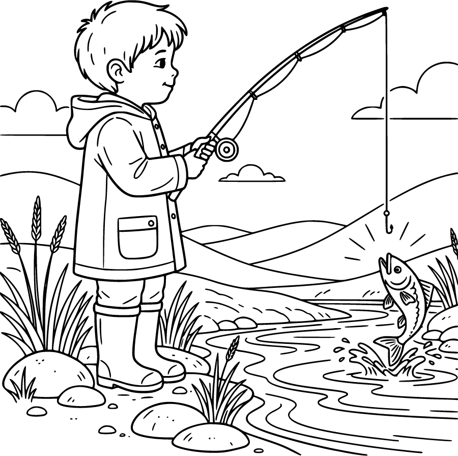 child fishing by stream
