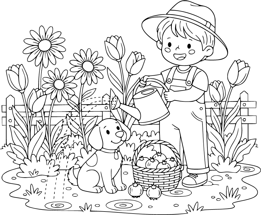 child gardening with dog in flower garden