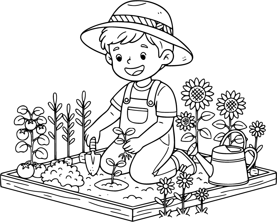 child gardening with seedlings and watering can