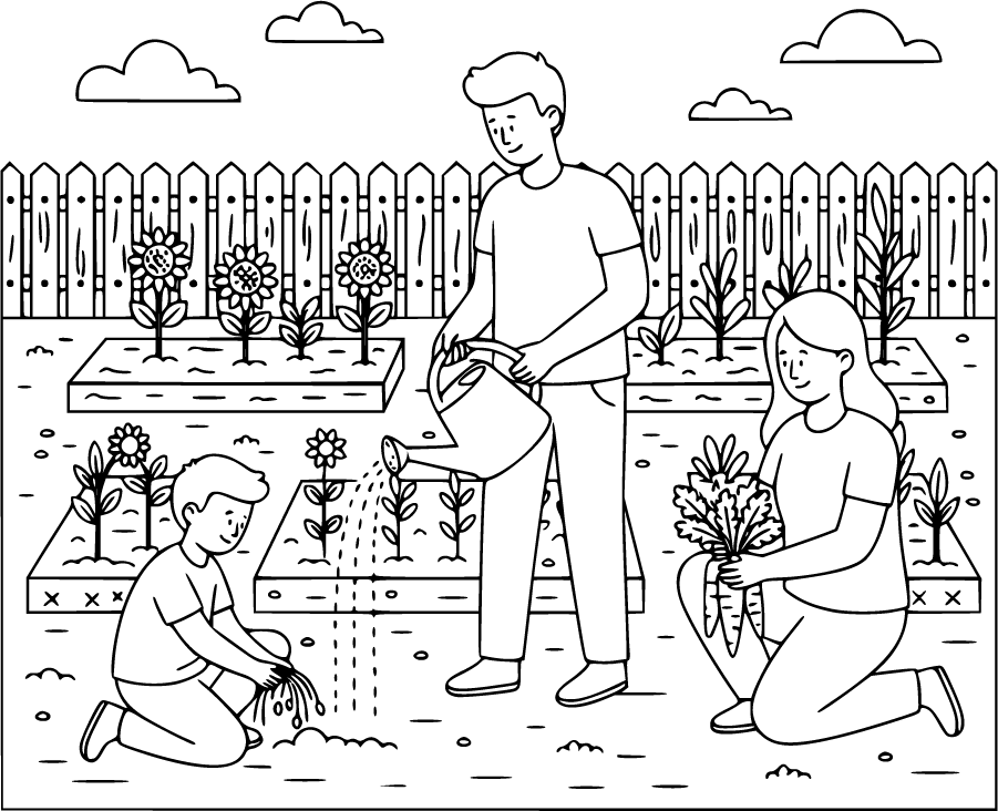 community gardening with family in garden plots