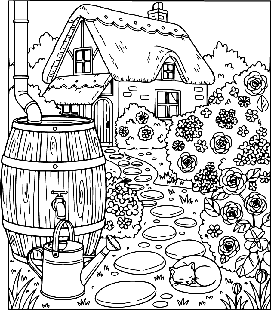 cottage gardening with rain barrel and cat