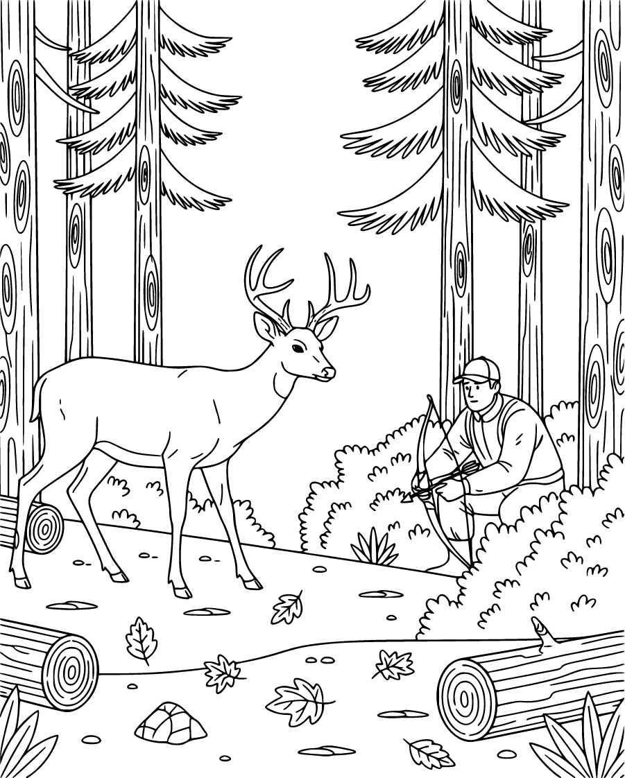 deer and hunter in forest clearing