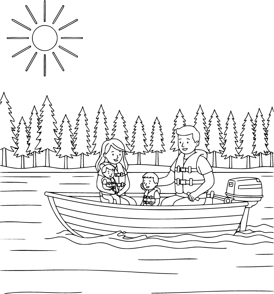 family boating in motorboat on lake