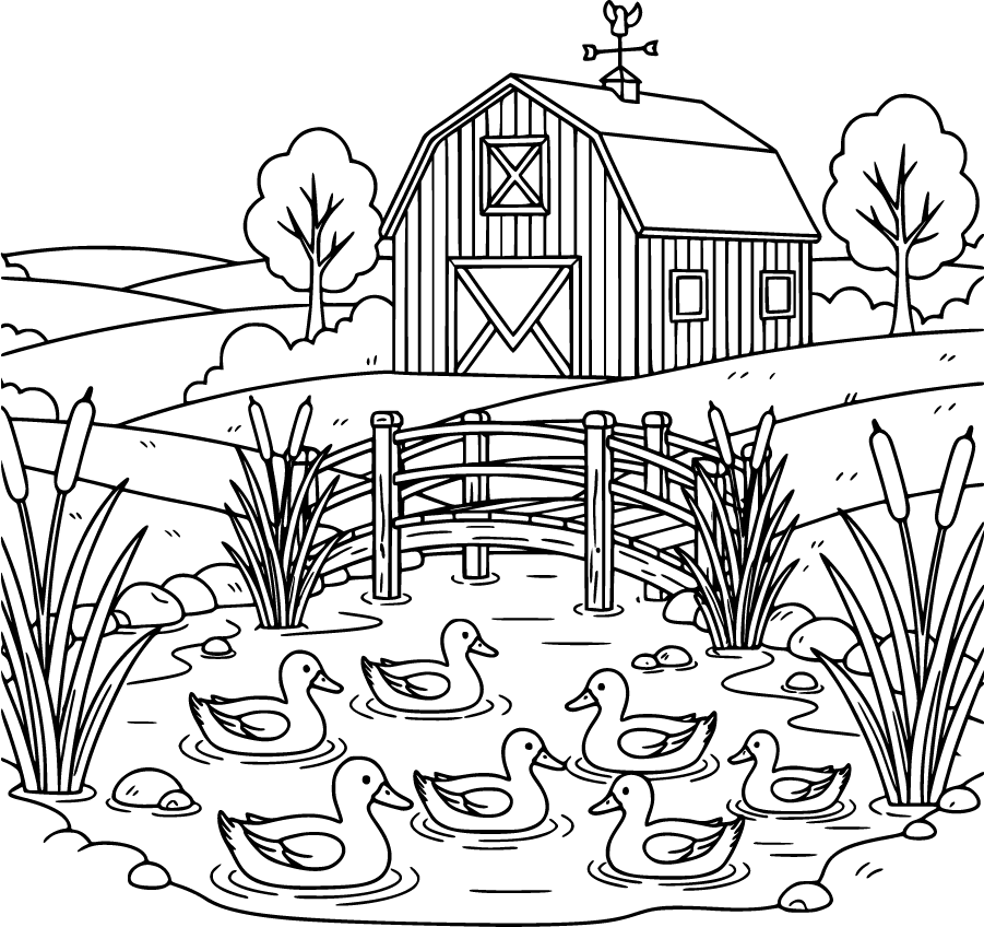 farming duck pond bridge barn cattails