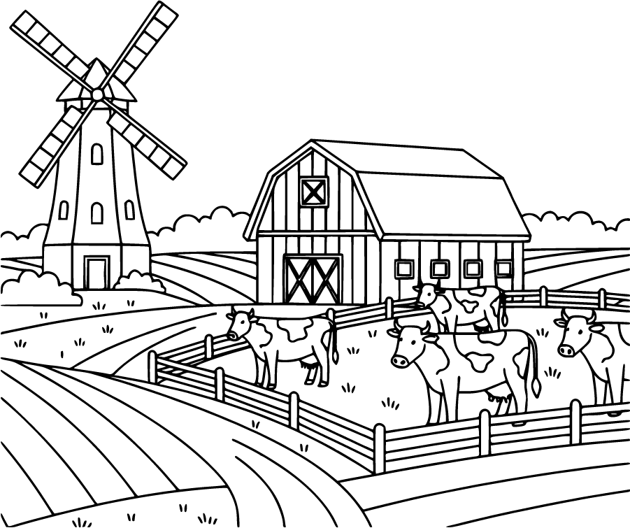 farming landscape windmill cows barn path