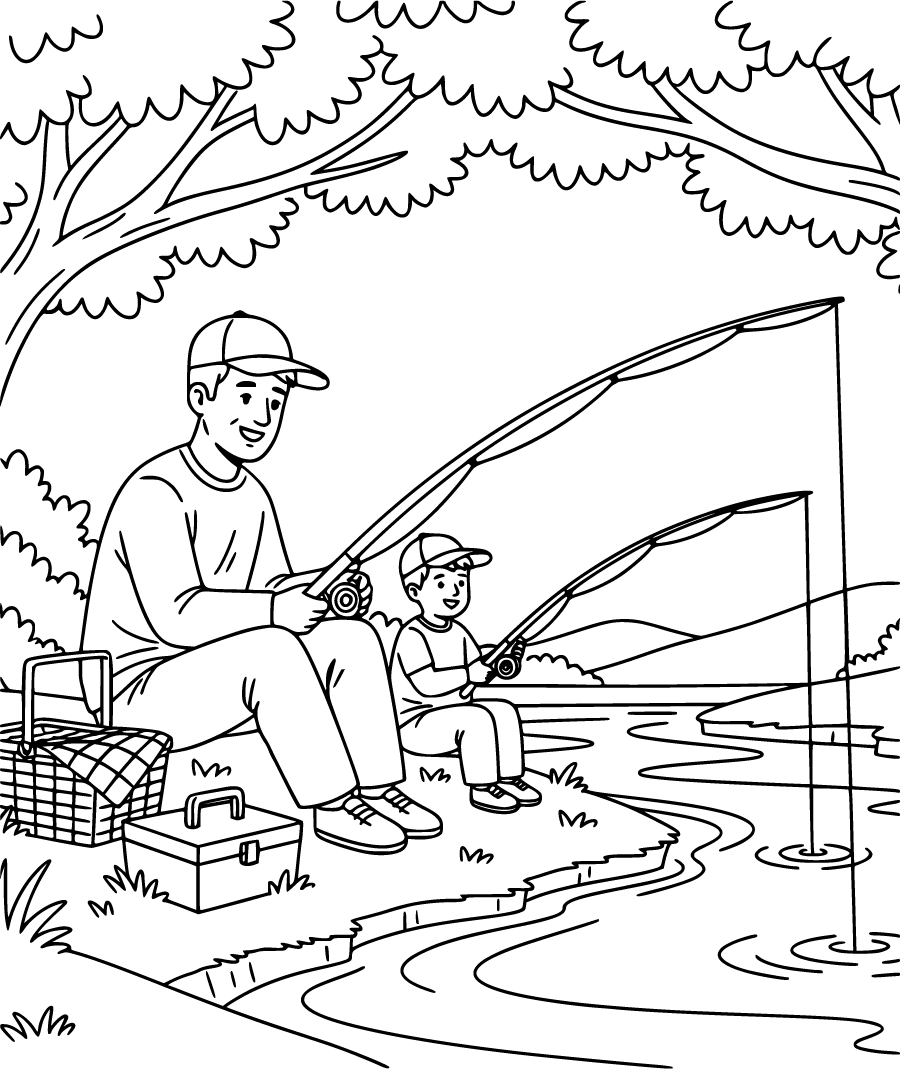 father and child fishing by river